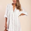 Abito chemisier in cotone con ricami, bianco