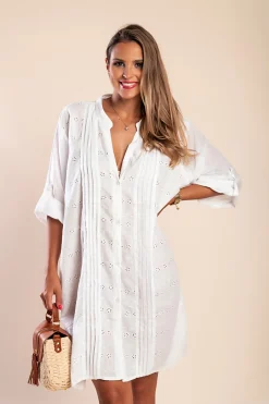 Abito chemisier in cotone con ricami, bianco