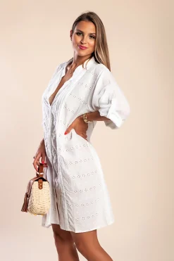 Abito chemisier in cotone con ricami, bianco