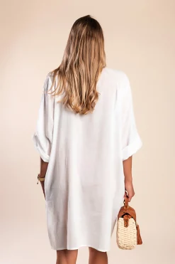 Abito chemisier in cotone con ricami, bianco