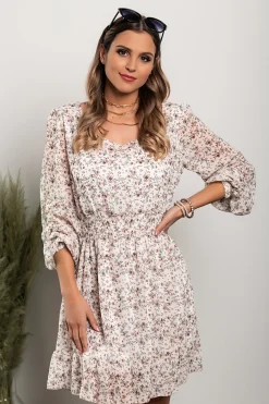 ABITO ELEGANTE CON COLLO ROTONDO E STAMPA A FIORI ADDISYN, ALBICOCCA