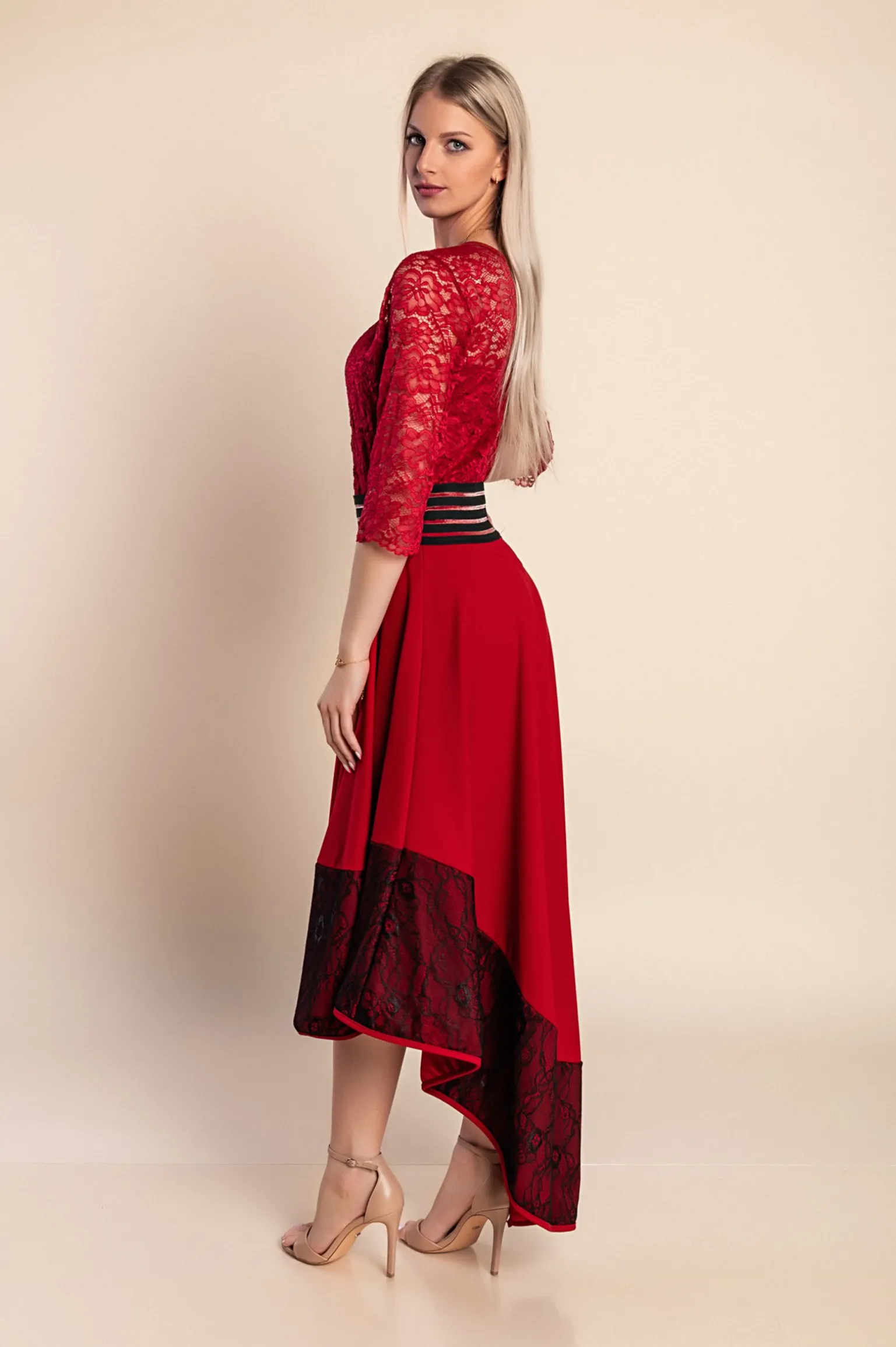 Abito elegante con pizzo Bianca, bordeaux
