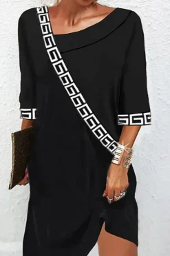 Abito elegante con stampa geometrica, nero