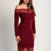 Abito elegante midi a maniche lunghe con dettaglio in pizzo trasparente Avignon, bordeaux