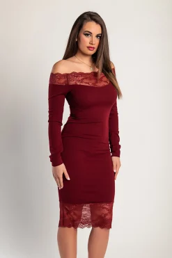 Abito elegante midi a maniche lunghe con dettaglio in pizzo trasparente Avignon, bordeaux