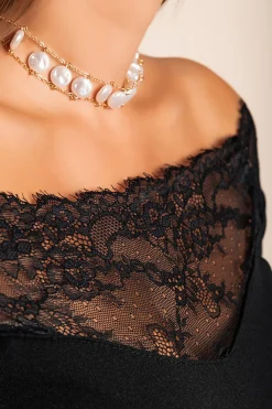 Abito elegante midi a maniche lunghe con dettaglio in pizzo trasparente Avignon, nero