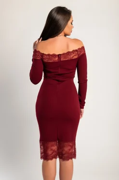 Abito elegante midi a maniche lunghe con dettaglio in pizzo trasparente Avignon, bordeaux
