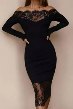 Abito elegante midi a maniche lunghe con dettaglio in pizzo trasparente Avignon, nero