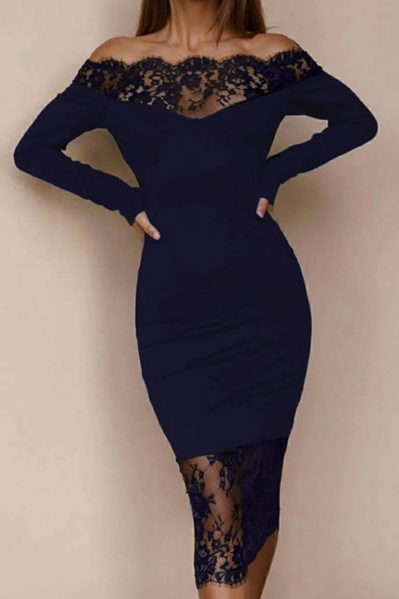 Abito elegante midi a maniche lunghe con dettaglio in pizzo trasparente Avignon, blu scuro