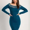 Abito elegante midi con maniche lunghe e dettagli in pizzo trasparente Avignone, petrolio