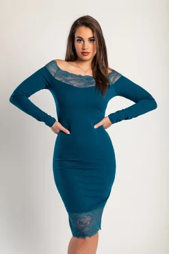 Abito elegante midi con maniche lunghe e dettagli in pizzo trasparente Avignone, petrolio