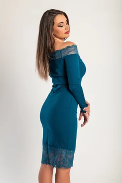 Abito elegante midi con maniche lunghe e dettagli in pizzo trasparente Avignone, petrolio