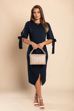Abito elegante midi con scollo rotondo, maniche 3/4 con spacco e perline decorative Peppina, blu scuro