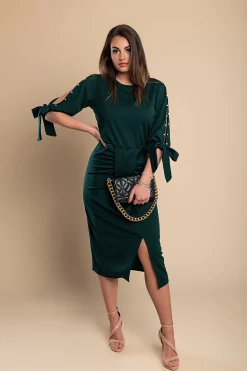 Abito elegante midi con scollo rotondo, maniche 3/4 con spacco e perline decorative Peppina, verde