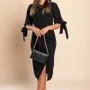 Abito elegante midi con scollo rotondo, maniche 3/4 con spacco e perline decorative Peppina, nero