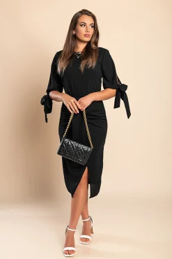 Abito elegante midi con scollo rotondo, maniche 3/4 con spacco e perline decorative Peppina, nero