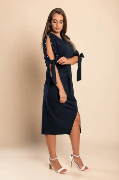 Abito elegante midi con scollo rotondo, maniche 3/4 con spacco e perline decorative Peppina, blu scuro