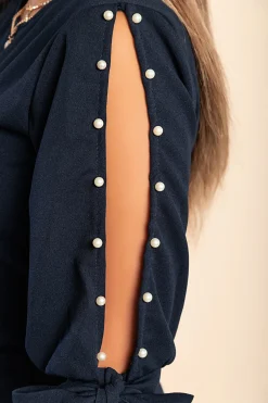 Abito elegante midi con scollo rotondo, maniche 3/4 con spacco e perline decorative Peppina, blu scuro