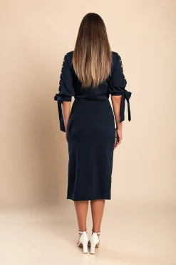 Abito elegante midi con scollo rotondo, maniche 3/4 con spacco e perline decorative Peppina, blu scuro