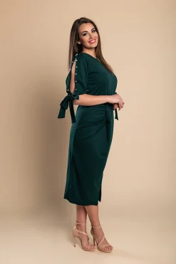 Abito elegante midi con scollo rotondo, maniche 3/4 con spacco e perline decorative Peppina, verde