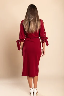 Abito elegante midi con scollo rotondo, maniche 3/4 con spacco e perline decorative Peppina, bordeaux