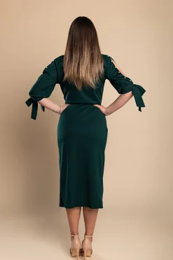 Abito elegante midi con scollo rotondo, maniche 3/4 con spacco e perline decorative Peppina, verde