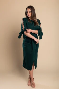 Abito elegante midi con scollo rotondo, maniche 3/4 con spacco e perline decorative Peppina, verde