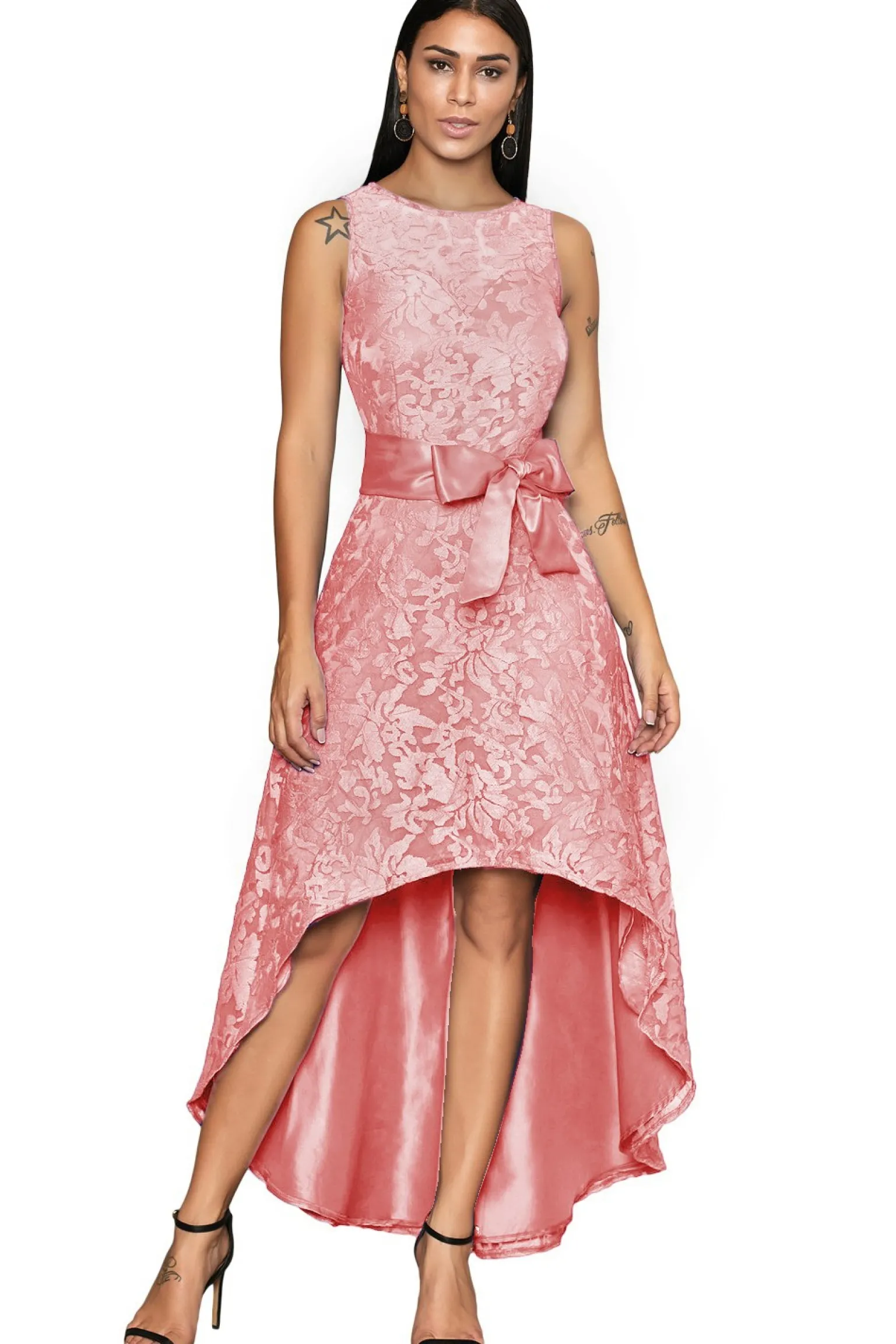 Abito elegante mini smanicato con bellissimo pizzo Suzan, rosa
