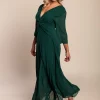 Abito lungo con scollo a V, verde scuro