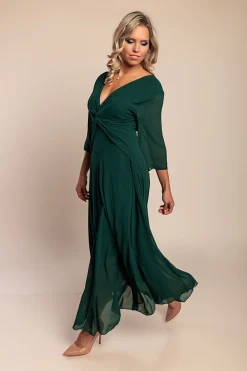 Abito lungo con scollo a V, verde scuro