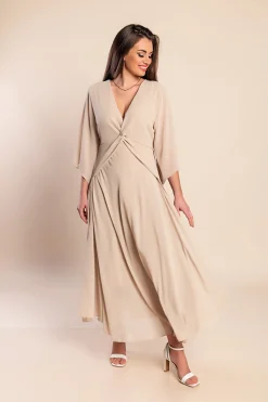 Abito lungo con scollo a V, beige