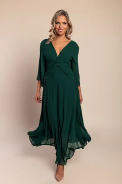 Abito lungo con scollo a V, verde scuro