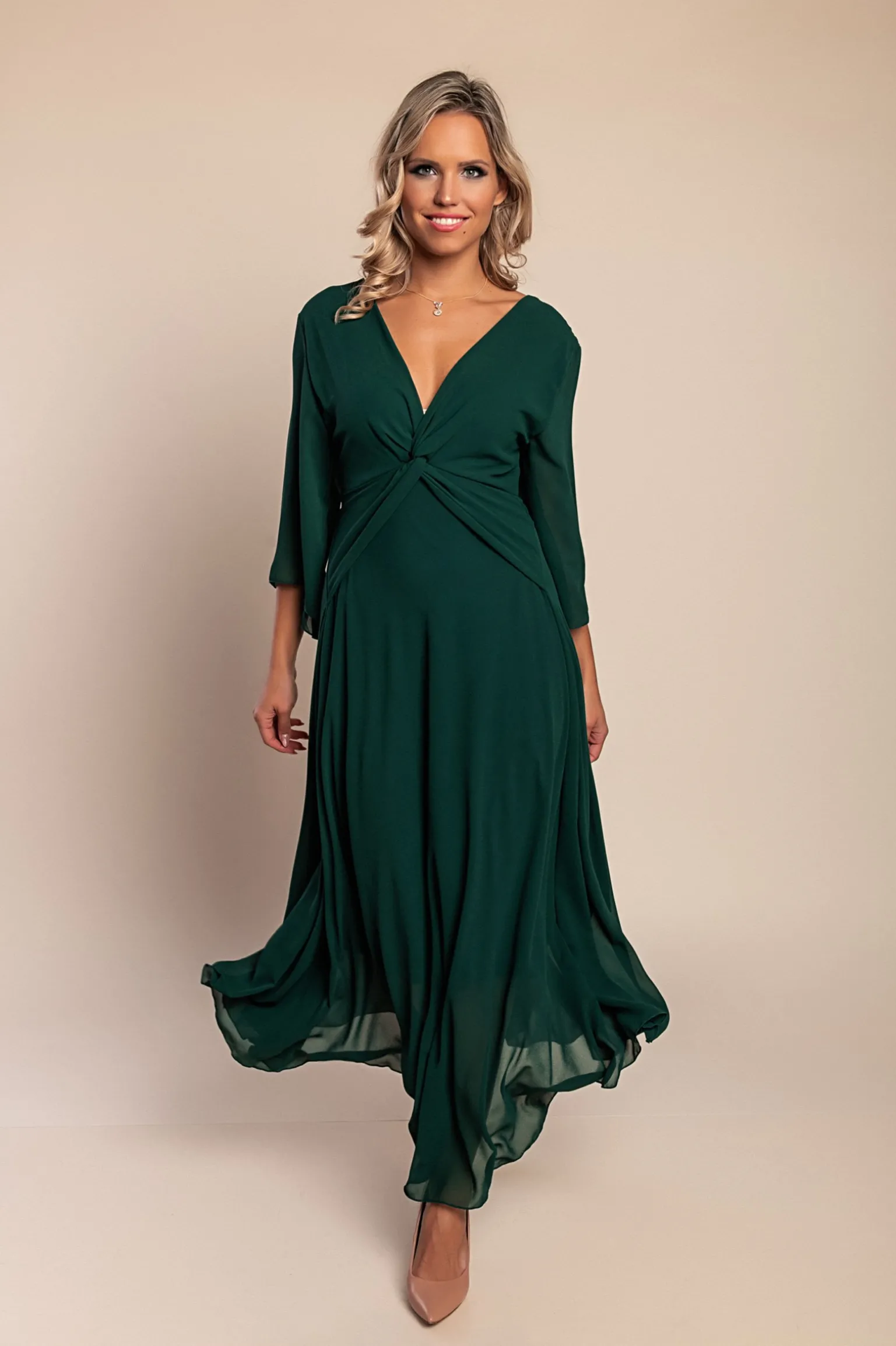 Abito lungo con scollo a V, verde scuro