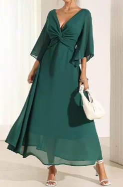 Abito lungo con scollo a V, verde scuro