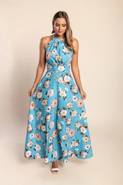 Abito lungo con stampa floreale, azzurro