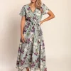 Abito lungo con stampa floreale, verde oliva chiaro