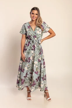 Abito lungo con stampa floreale, verde oliva chiaro