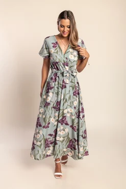 Abito lungo con stampa floreale, verde oliva chiaro