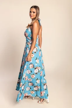 Abito lungo con stampa floreale, azzurro