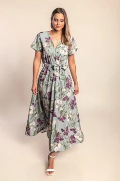 Abito lungo con stampa floreale, verde oliva chiaro