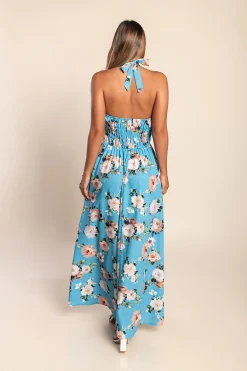 Abito lungo con stampa floreale, azzurro