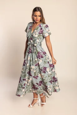 Abito lungo con stampa floreale, verde oliva chiaro