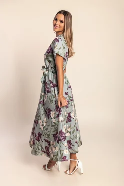 Abito lungo con stampa floreale, verde oliva chiaro