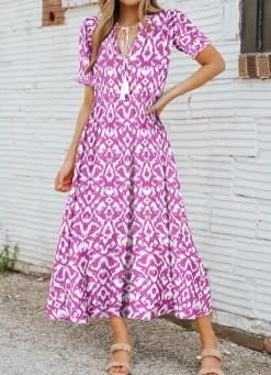 Abito lungo con stampa geometrica, rosa