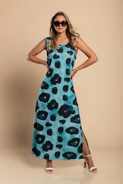 Abito lungo con stampa leopardata, blu