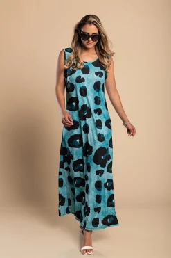 Abito lungo con stampa leopardata, blu