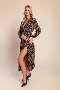 Abito lungo con stampa leopardata, beige