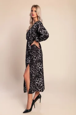 Abito lungo con stampa leopardata, grigio