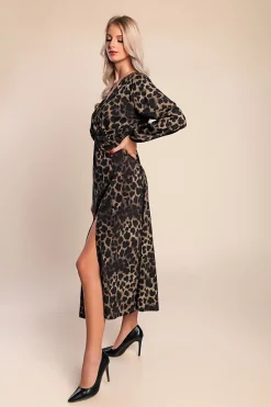 Abito lungo con stampa leopardata, verde oliva