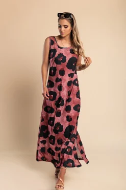 Abito lungo con stampa leopardata, bordeaux
